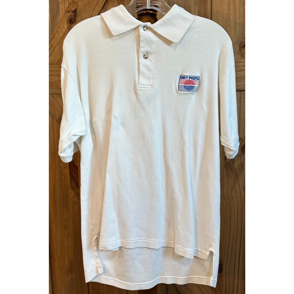 Vintage Diet Pepsi Polo Mens L White Vantage USA Made 80s Single Stitch Logo